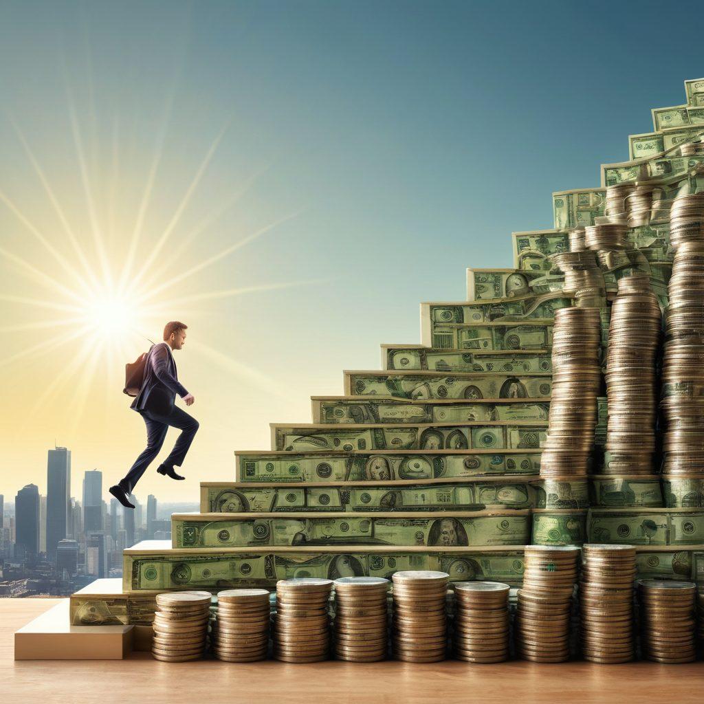 An inspiring visual of a person climbing a staircase made of money, with steps labeled 'Budgeting', 'Savings', and 'Investment'. In the background, depict a sunny skyline representing financial freedom. Include elements like a piggy bank and charts showing upward trends. The vibe conveys hope and achievement. super-realistic. vibrant colors. 3D.