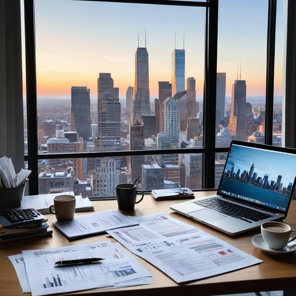 A serene desk scene featuring a focused person managing their finances with a laptop, a cup of coffee, and a stack of organized paperwork. In the background, a large window views a city skyline symbolizing dreams and financial goals, with subtle hints of graphs and charts floating around. The atmosphere should convey empowerment and clarity. vibrant colors. super-realistic.