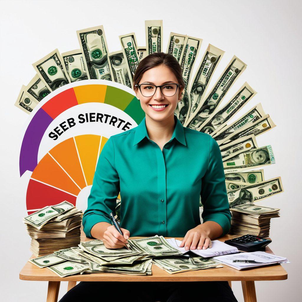 A visually engaging collage that includes a rising credit score represented by an upward arrow, stacks of money symbolizing reduced debt, and a happy individual confidently managing finances, surrounded by calculators and financial documents. The background features a calm, encouraging color palette to evoke a sense of mastery and empowerment in personal finance. super-realistic. vibrant colors. white background.